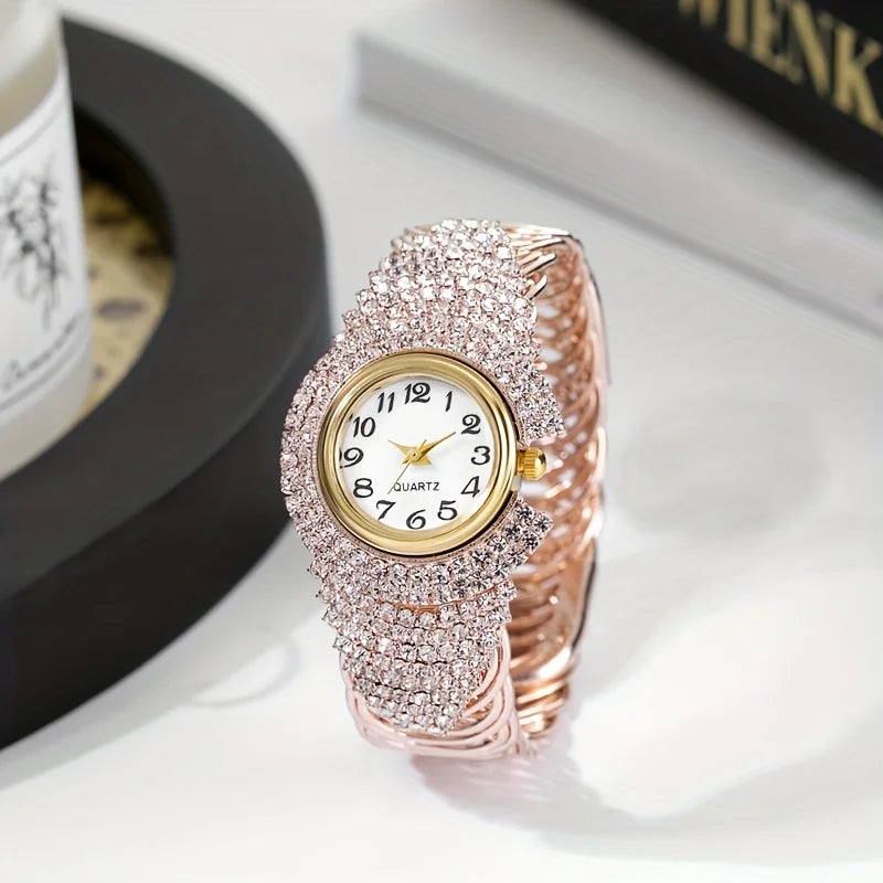 5PCS Luxury Diamond Watch Necklace Earrings Ring Set Fashion Women Crystal Bangle Quartz Wristwatch Jewelry Gifts(Without Box)