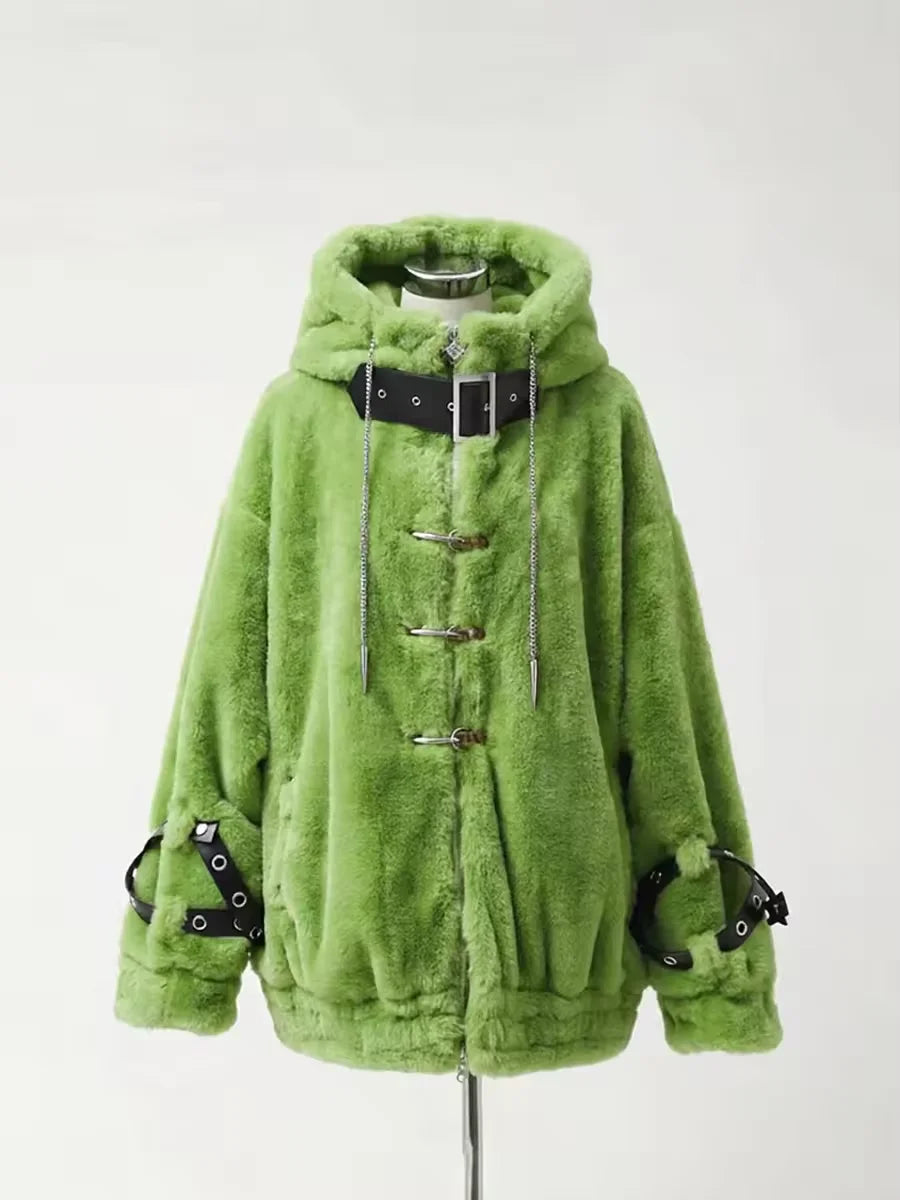 Lautaro Autumn Winter Thick Warm Faux Fur Coat Women with Hood Zipper Luxury Japanese Style Punk Harajuku Fluffy Jacket 2026