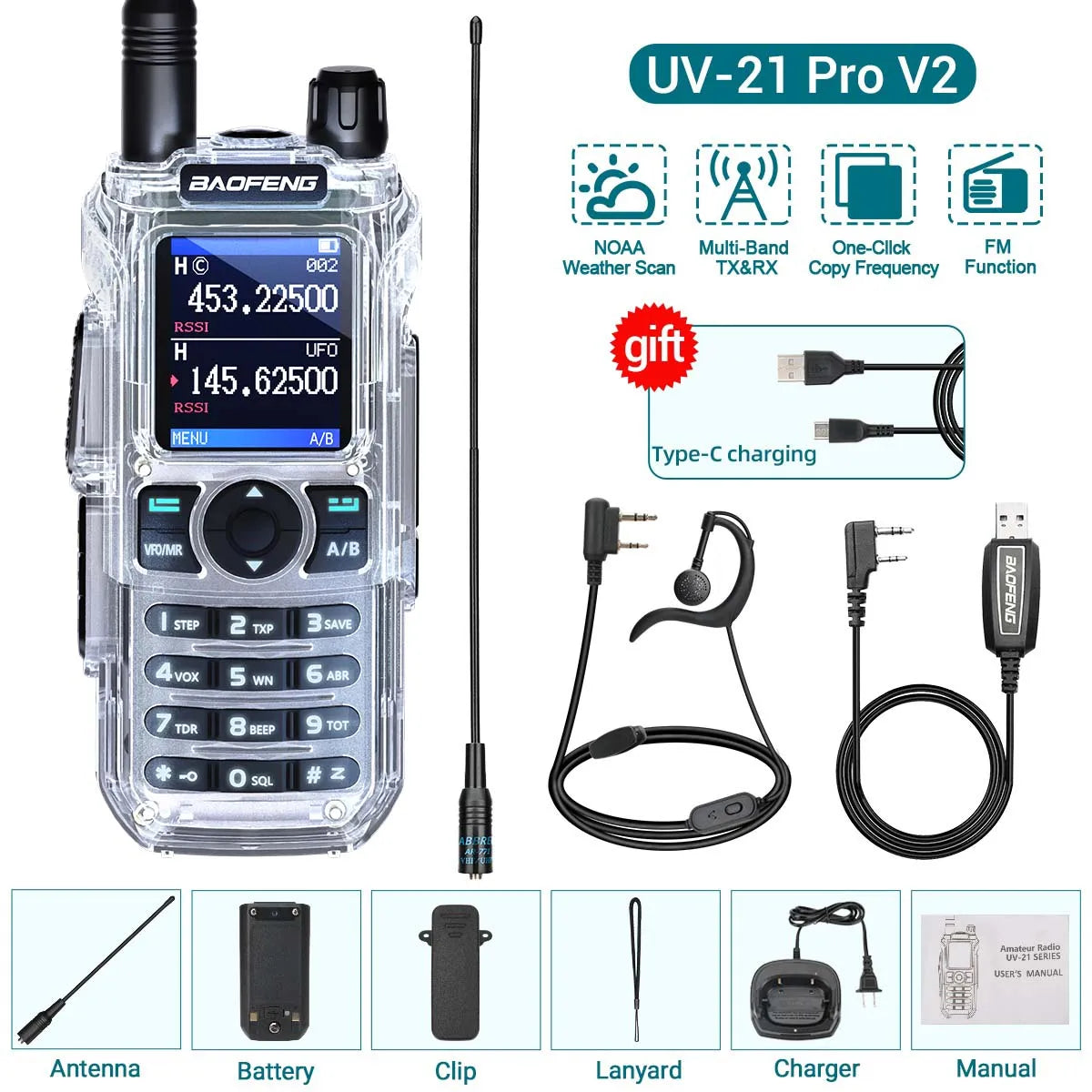 BAOFENG UV-21 PRO Auto Frequency Copy Walkie Talkie Ultra Long Range High Power Multi-Band Type-C Charger Portable Ham Radio
