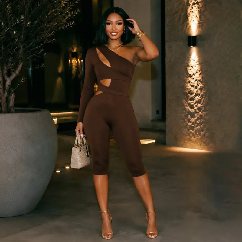 JENYAGE Women One Shoulder Cutout Jumpsuit Soft Stretchy Solid Color Sexy Long Sleeve Asymmetrical Bodycon Knee Length Romper