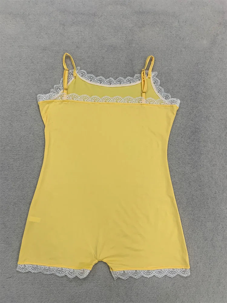 Summer Yellow Lace Trim Spaghetti Strap Slim Bodysuit Daily Casual Vacation Cute Sweet Y2K Comfy New Trendy Women's Romper