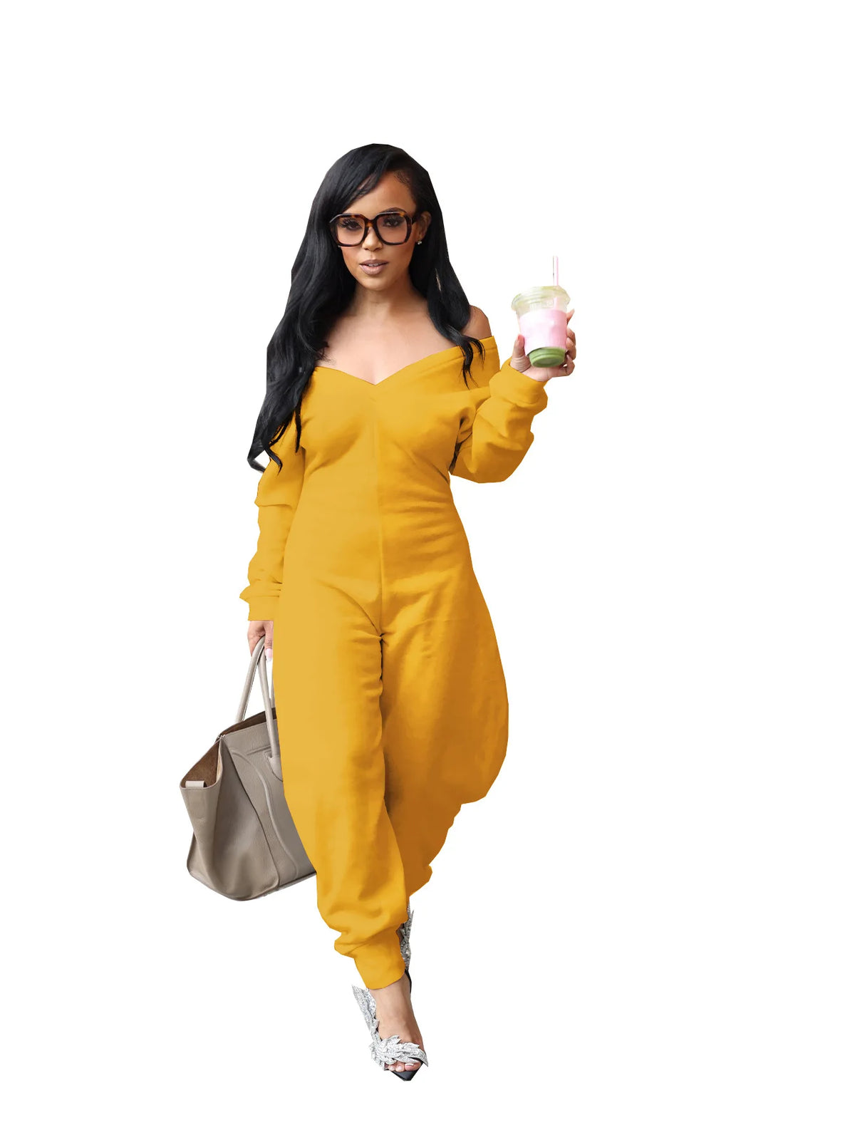 GLCMYAYA Women Long Sleeve V-neck Loose Jumpsuits 2025 Winter Autumn One Piece Set Party Casual Fitness Streetwear Outfits