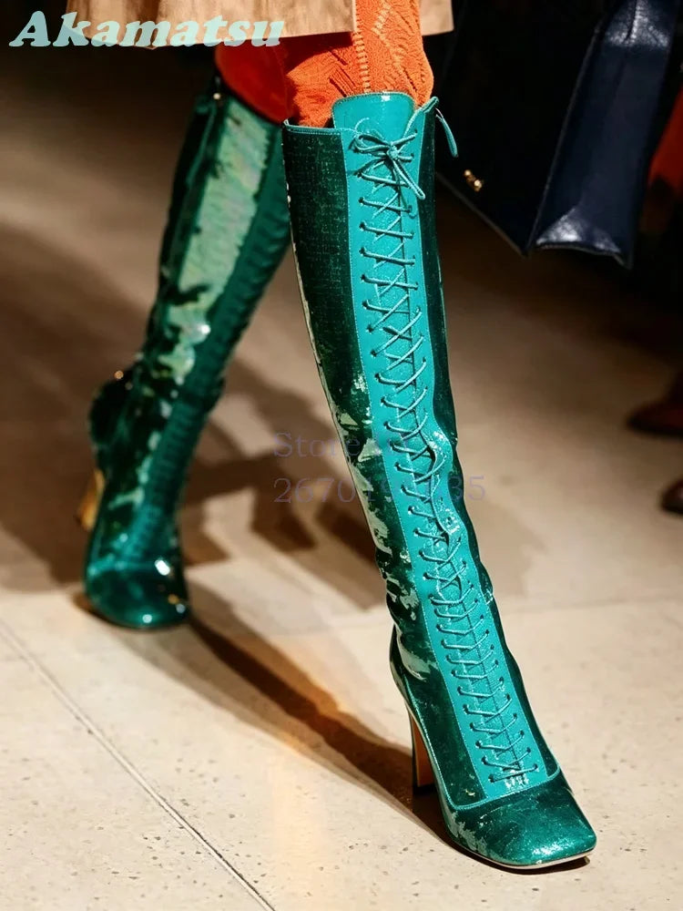 Emerald Green Patent Glitter Knee High Boots Retro Round Toe Lace Up Square Heel Modern Boots 2026 Runway Fashion Women Shoes