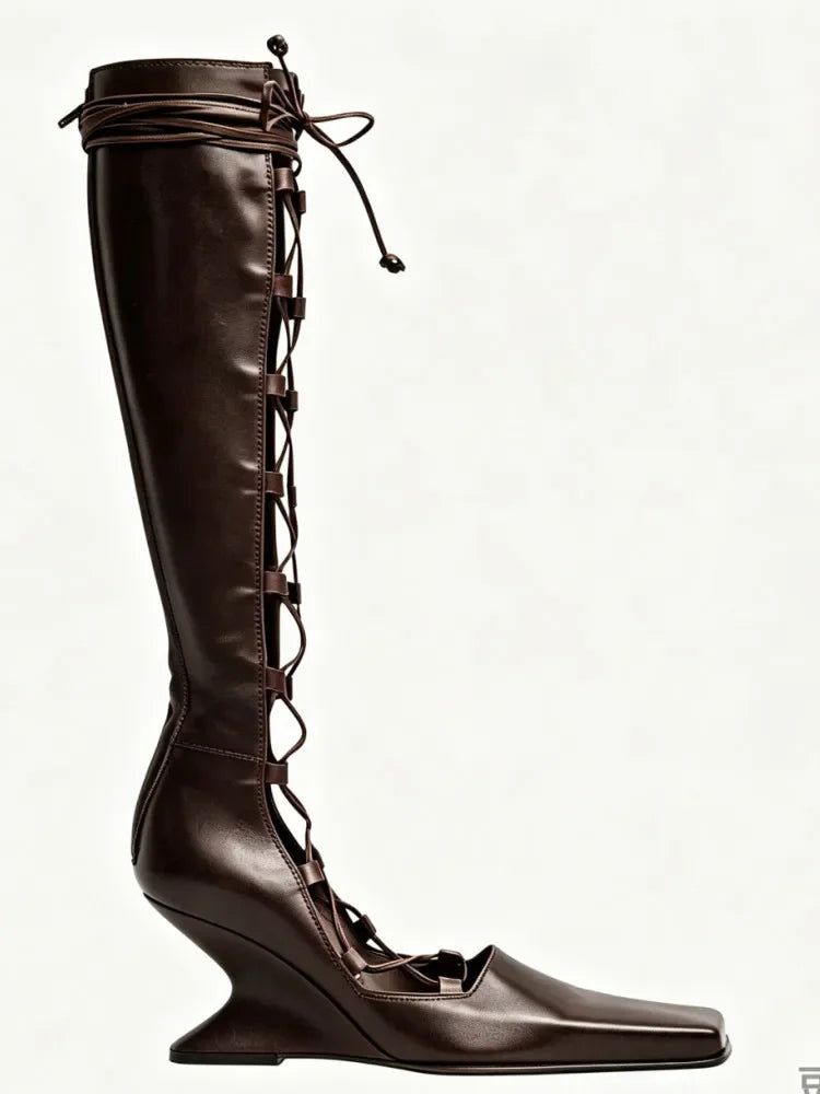 2026 Summer Hollow Out Strap Square Shaped Thick High Heels Summer Cool Boots Fashionable and Sexy Women's Sandals