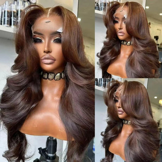 Body Wave Chocolate Brown Lace Front Wig Human Hair 220 Density Frontal Lace Wigs 30 Inch 13x6 HD Transparent Lace Human Wigs