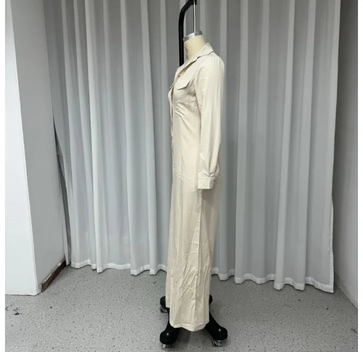 Jumpsuit Women 2024 Autumn Commuting Fashion Turn-Down Collar Long Sleeve Pocket Design Casual Jumpsuits New Female One Pieces