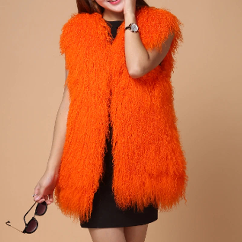 11 Colors Luxury Thick Warm Mongolia Sheep Fur Vest Women New Winter Hot V-neck Sexy Wool Fur Coat