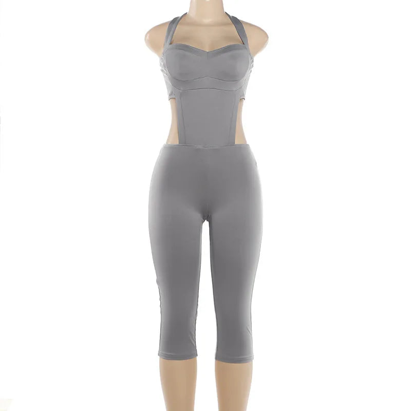 Women Fashion Sexy Hollow Out Halter Backless Skinny Knee Length Jumpsuits Solid Strapless Booty Lifting Slim cASUAL oVERALLS