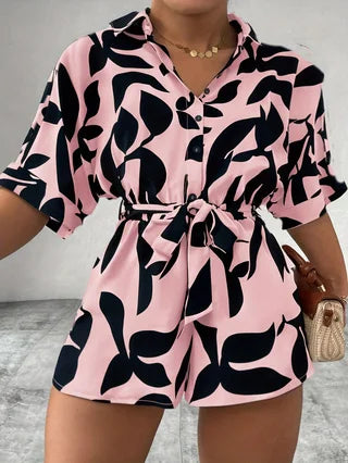 Plus-size Women's Casual Front Snap Shirt Collar Short Sleeve Printed Overalls with Bow Ties