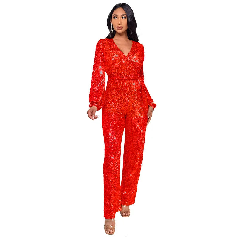 Uoozee Women's Deep V-Neck Sequins Club Jumpsuits Long Puff Sleeve Tie Waist Straight-leg Party Evening One Piece Outfits 2026