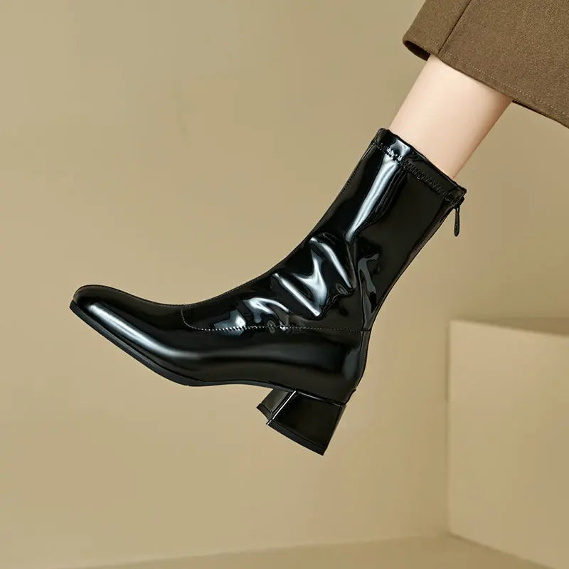 Black Thick Heel Short Boots For Women 4.5CM Fashion Back Zipper Autumn Winter Woman Shoes Square Toe Leisure Daily Ankle Boots