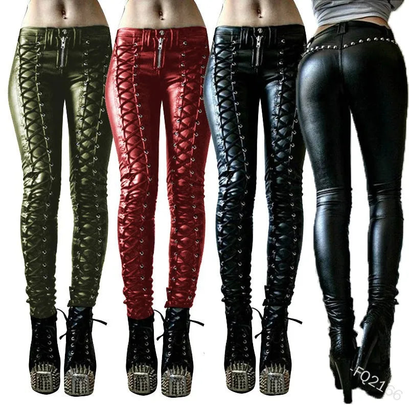 Women's New Fashion Tight Skinny Pants PU Faux Leather High Waist Smooth Touch Elastic Fit Wrinkle Resistant Casual Long Pants