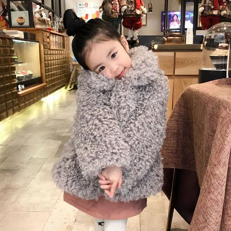 Autumn Winter Girls Warm Coat 2025 New Korean Fashion Faux Fur Thicken Solid Color Turn-down Collar Plush Jacket