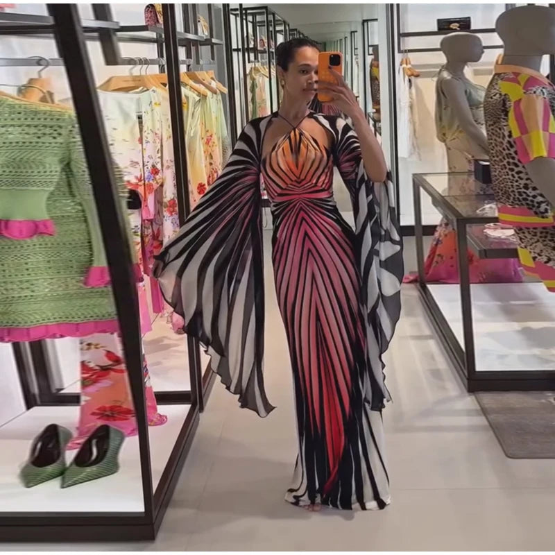 Chic Gradient Stripe Halter Dress Women Butterfly Sleeve Backless Slim Floor-length Dresses 2026 New Lady Party Evening Gown 