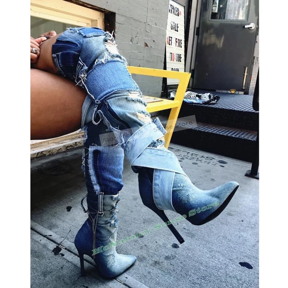 Holed Cowboy Shoes Boots Pointed Toe Thin High Heels Mixed Colors Spring Autumn Slip On Women Shoes Over The Knee Designer Sexy