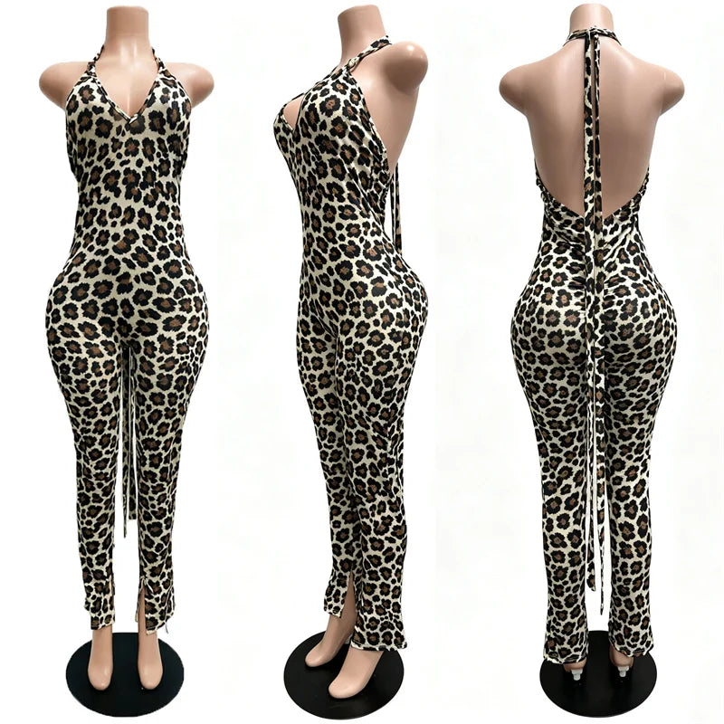 Sexy Halter Backless Bandage Jumpsuit Woman Slim V Neck Leopard Zebra Printed Jumpsuits Women Spring Summer Fashion Streetwear