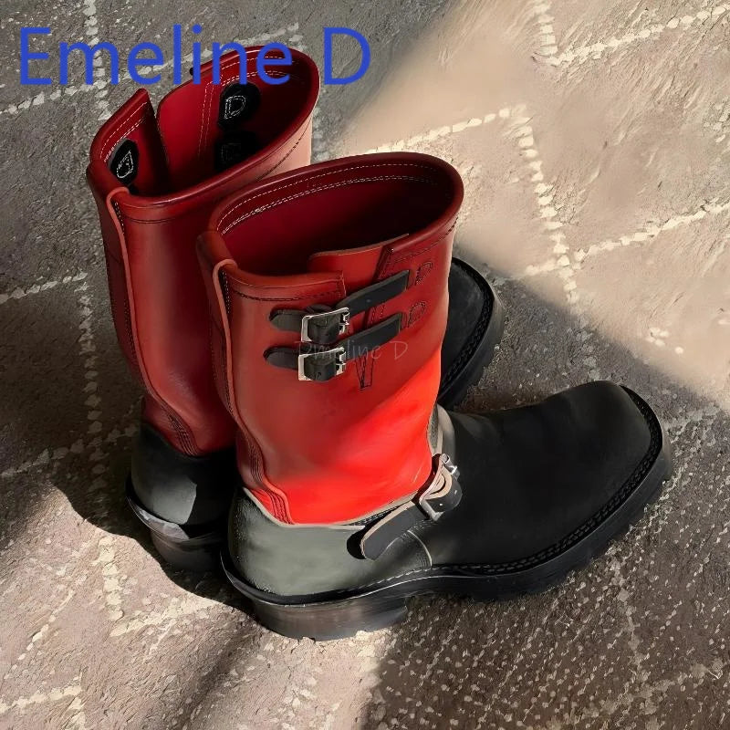 Color Blocked Upturned Western Cowboy Boots Fashionable Leather Splicing Design for Men and Women Square Headed Knight Boots