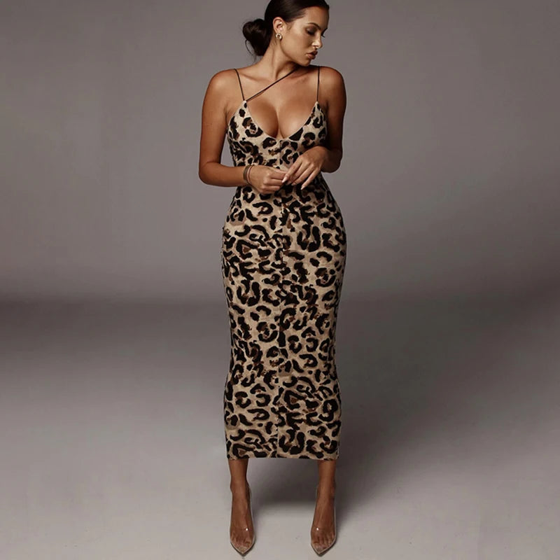 Sexy Summer Women V-neck Backless Strapless Dress Fashionable Leopard Printed One-piece Long Skirt Sml Size