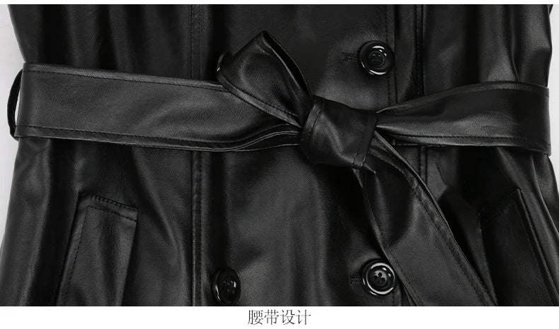 Mauroicardi Spring Autumn Waterproof Black Soft Pu Leather Trench Coat for Women Belt Double Breasted Floor Length Overcoat 2025