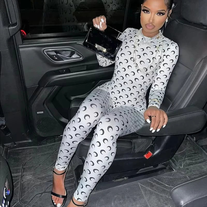 Retro Jumpsuit Women Sexy Slim Fit Moon Print Long Sleeve Tight Leggings Round Neck Versatile Casual Wear Autumn Fashion