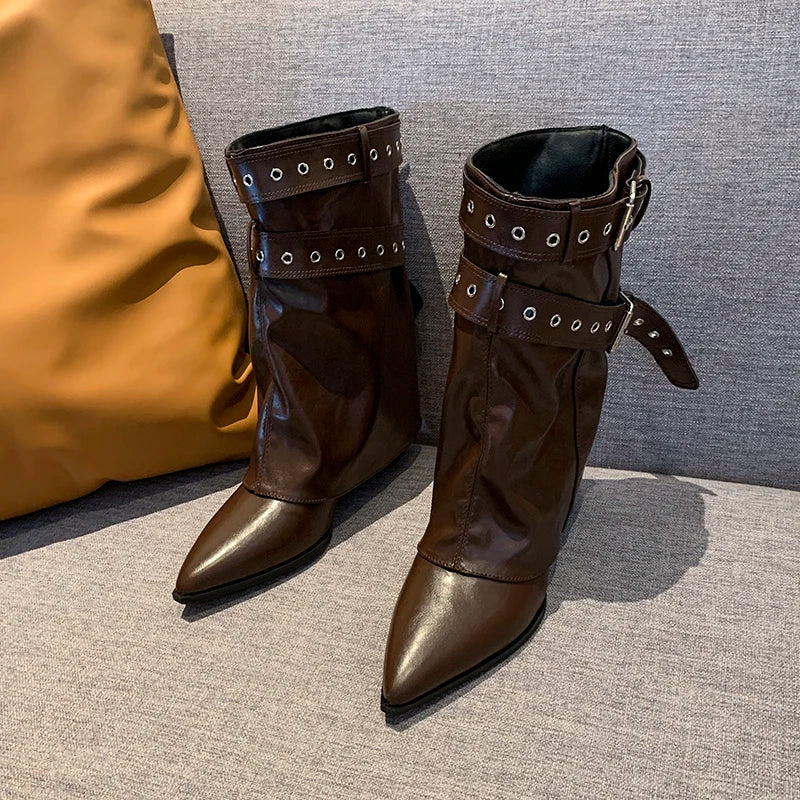 2025 Pointed Toe Women's Winter Boots Designer Mid Heels Elegant Shoes Pumps Fashion Boots New Trend Dress Gothic Ladies Boots