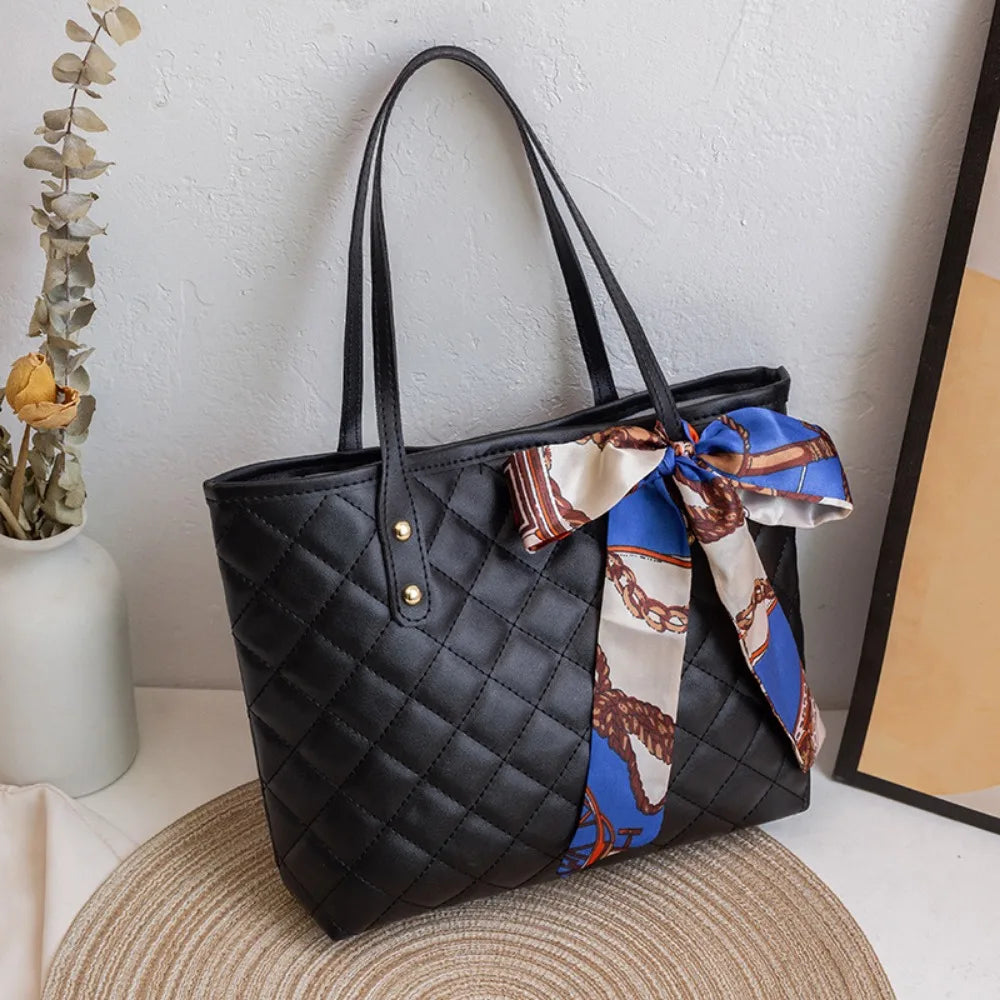 Trendy Large Capacity Embroidery Bag with Scarf Tote Bag Shoulder Bags PU Bucket Bag For Women