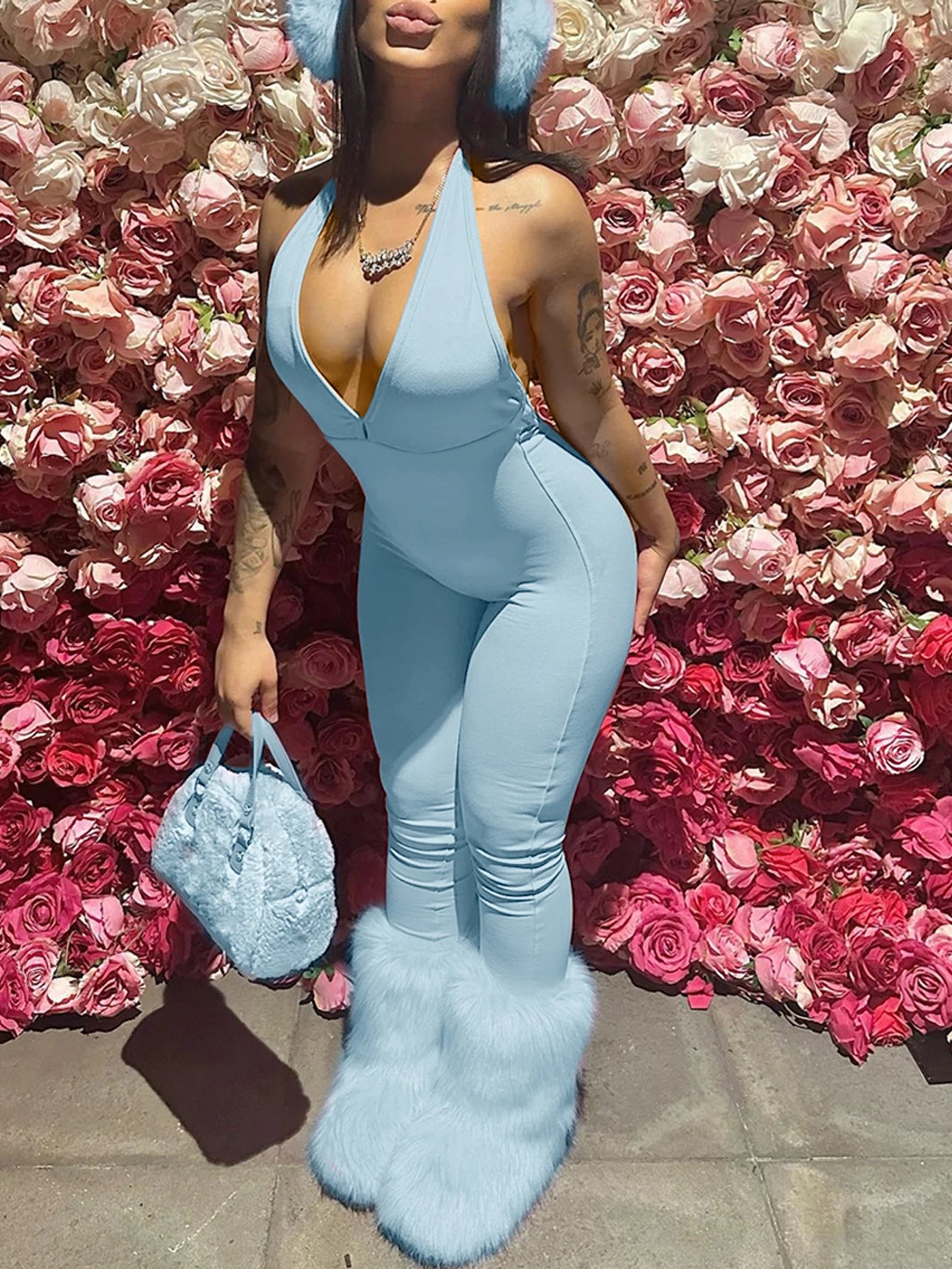 Women's solid color deep V-neck hanging neck jumpsuit sexy pleated backless slim fit jumpsuit