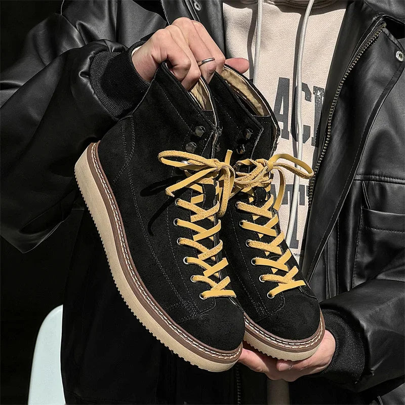 New High Quality Handmad Men Luxury Real Cow Suede Leather Shoes Tooling Ankle Boots Desert Platform Boots Work Motorcycle Boots