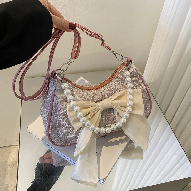White Folds Pearl Female Bag Retro Luxury Designer Handbag Bow Crossbody Bags Fashion Y2K Vintage Women's Shoulder Bag Purses