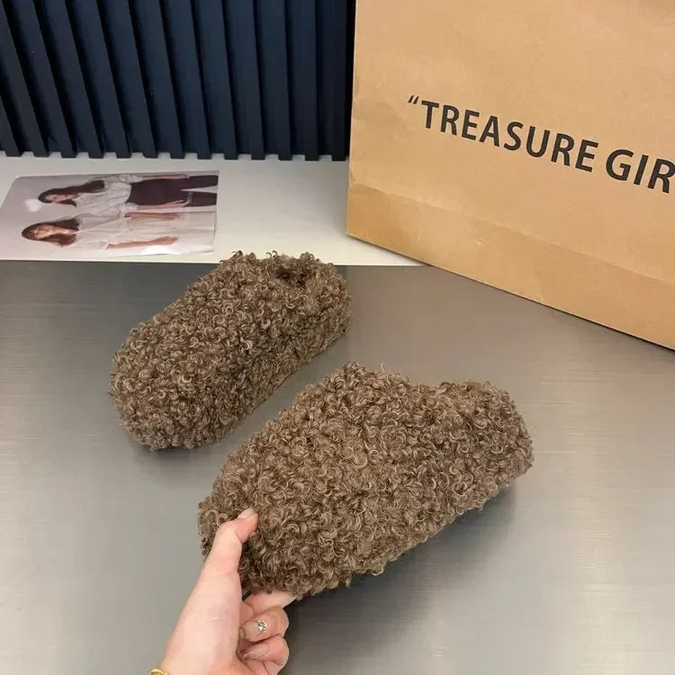 Thick Heel Luxury Lambwool Mules Winter Shoes Woman Flip Flops Flat Cover Toe Slides Ins Warm Curly Lamb Fur Slippers Women