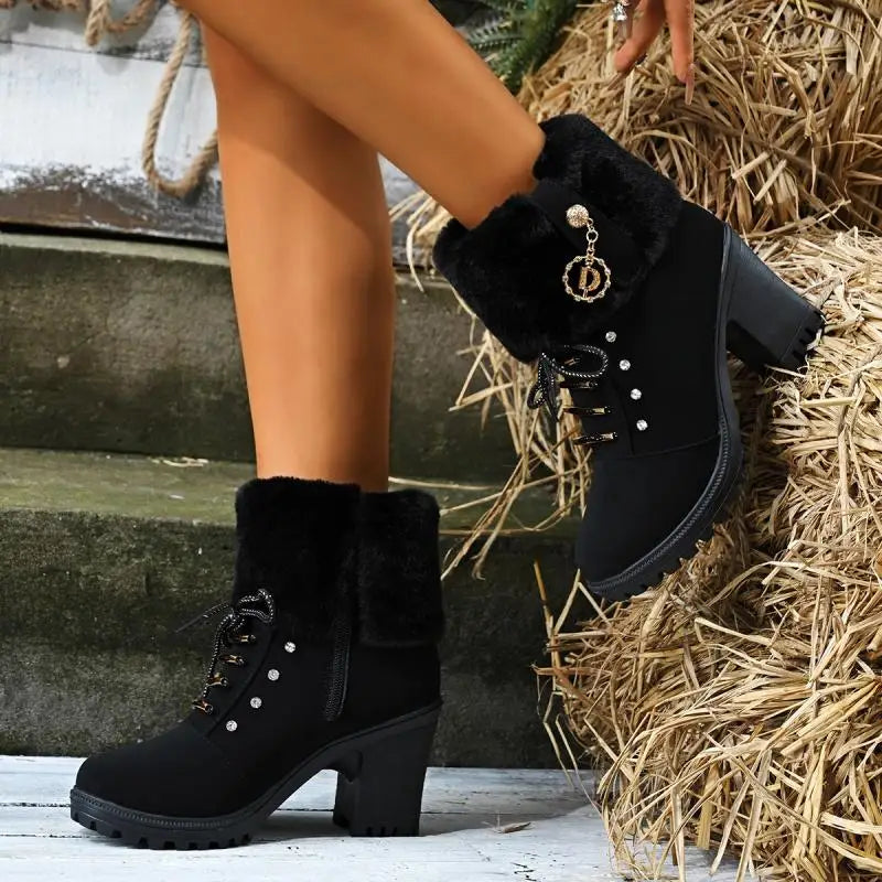 Elegant Fluffy Fur Thick High Heel Suede Ankle Boots Women Winter 2026 Designer Warm Plush Black Short Boots Woman Furry Booties