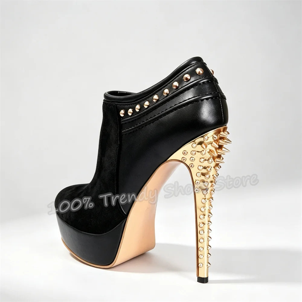 Gold Spikes Rivet Stiletto High Heel Ankle Boots Women Platform Faux Suede Patchwork Side Zipper Short Boots Plus Size 34-46