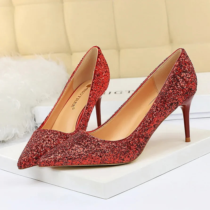 Women Luxury Bling Red Blue Valentine Party Scarpins Pumps Lady Glitter Sequins 7cm 9.5cm High Heels Designer Shoes Plus Size