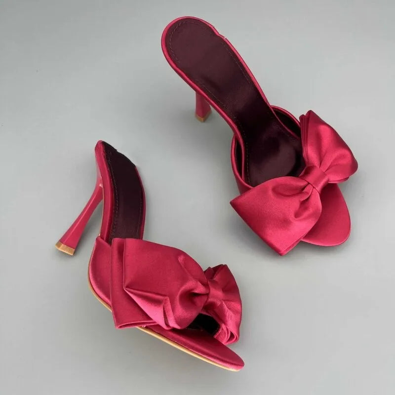 Luxury Satin Silk Bowknot Mule Sandals Woman Chic High Heel Point Toe Stiletto Slides Ladies Elegant Evening Party Dress Shoes