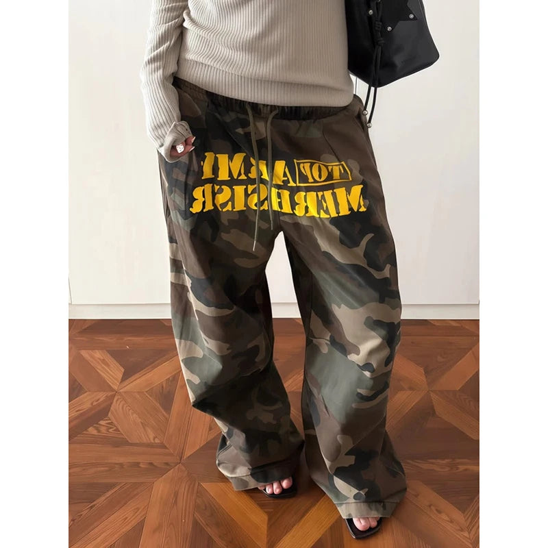 Women Brown Baggy Camouflage Pants Oversize Parachute Pants Harajuku Japanese 2000s Style Vintage Y2k Trousers Clothes Autumn