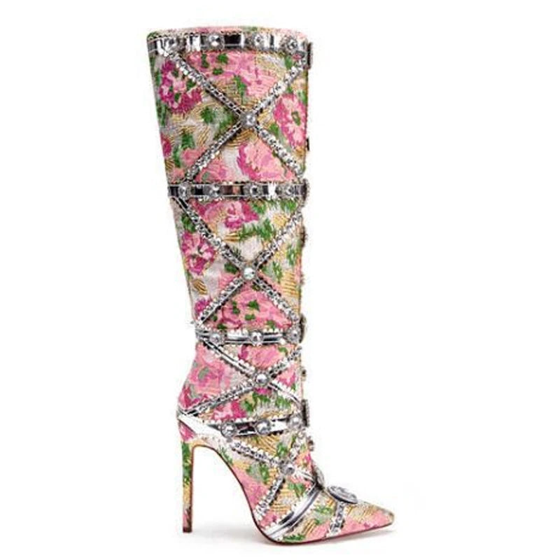 Multicolor Gemstone Gold Trim Stitched Stiletto Thigh Boots 2026 Pointed Toe Knee High Boots Fashion Shoes for Party Wedding