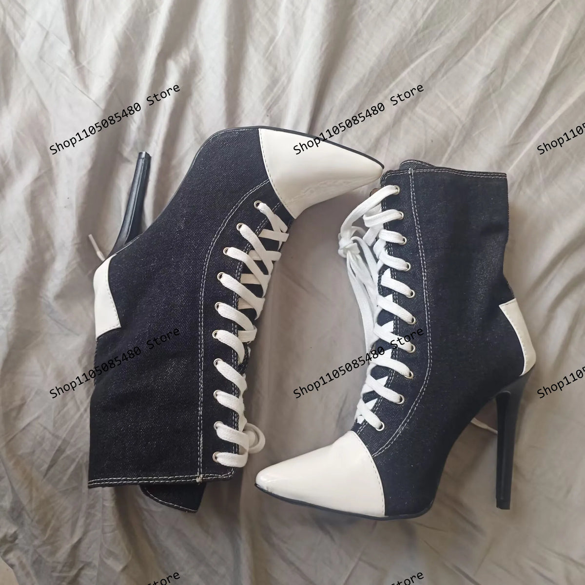 Pointed Toe Mid Calf Boots Women Sexy Patchwork Faux Jeans High Heels Shoes Ladies Lace Up Fashion Mixed Colors Biker Boots 44