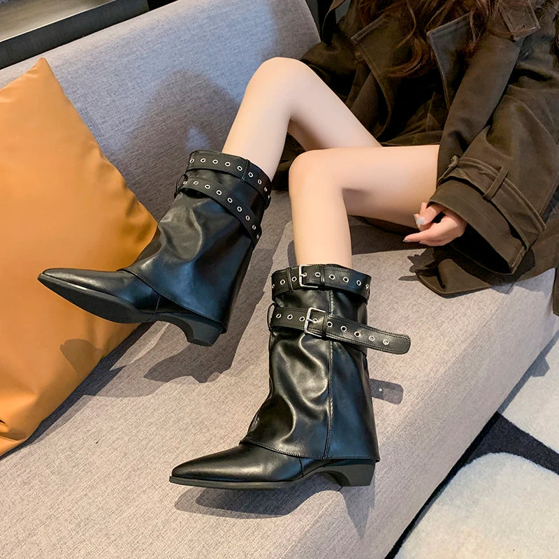 2025 Pointed Toe Women's Winter Boots Designer Mid Heels Elegant Shoes Pumps Fashion Boots New Trend Dress Gothic Ladies Boots