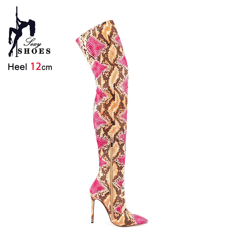 Over The Knee Snake Print Boots Women 12CM Thin High Heel Winter Shoes Plus Size 45 46 47 Stiletto Pointed Thigh Boots For Woman