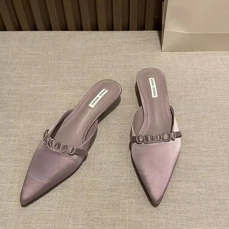 2025 New Luxury Fashion Rhinestones Ladies Heeled Slippers Sandals Shoes Female Low Heel Slides Slippers Shoes for Women Mules