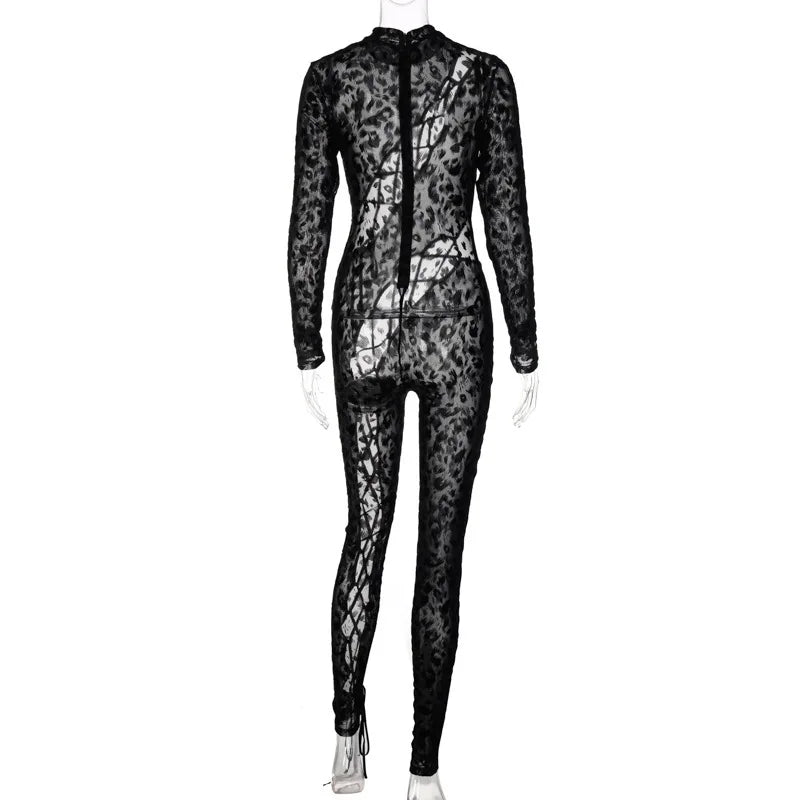 Sexy Women Clothes Leopard Flocked Mesh Jumpsuit Long Sleeve Criss‑Cross Lace‑Up Cut‑out See‑Through Night Club Party Bodysuit