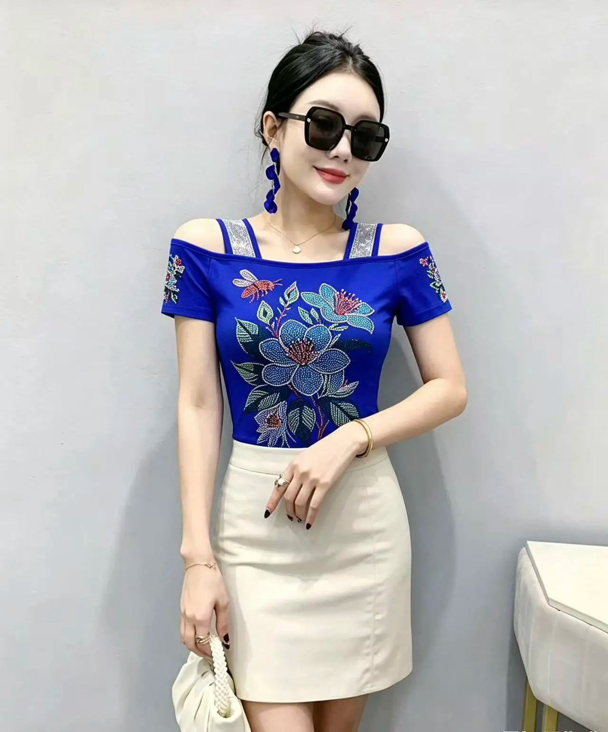 High Quality Elasticity Clothes Fashion T-Shirts Women's Sexy Off Shoulder Shiny Diamonds Mesh Tops Summer Tees Shirt