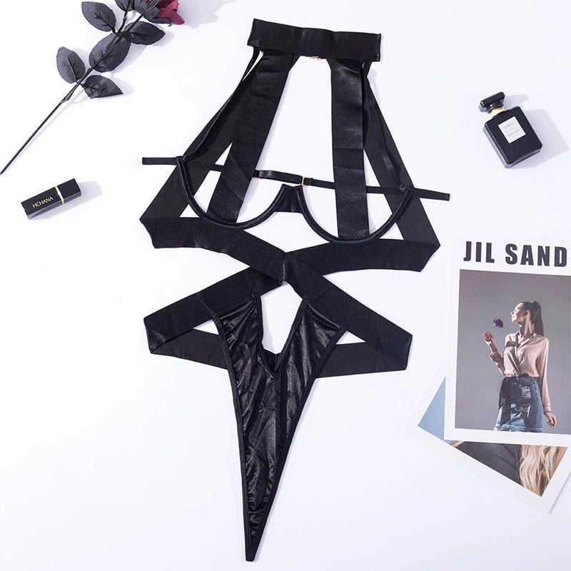 See Through Black Porn Bandage Hot Sensual Body Sexy Lingerie Bodysuit Women Halter Hollow Out Open Bra Thong Exotic Clothing