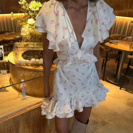 2026 Spring Women's Summer New Ruffled Floral Short Skirt V-neck Pleated Dress Shorts