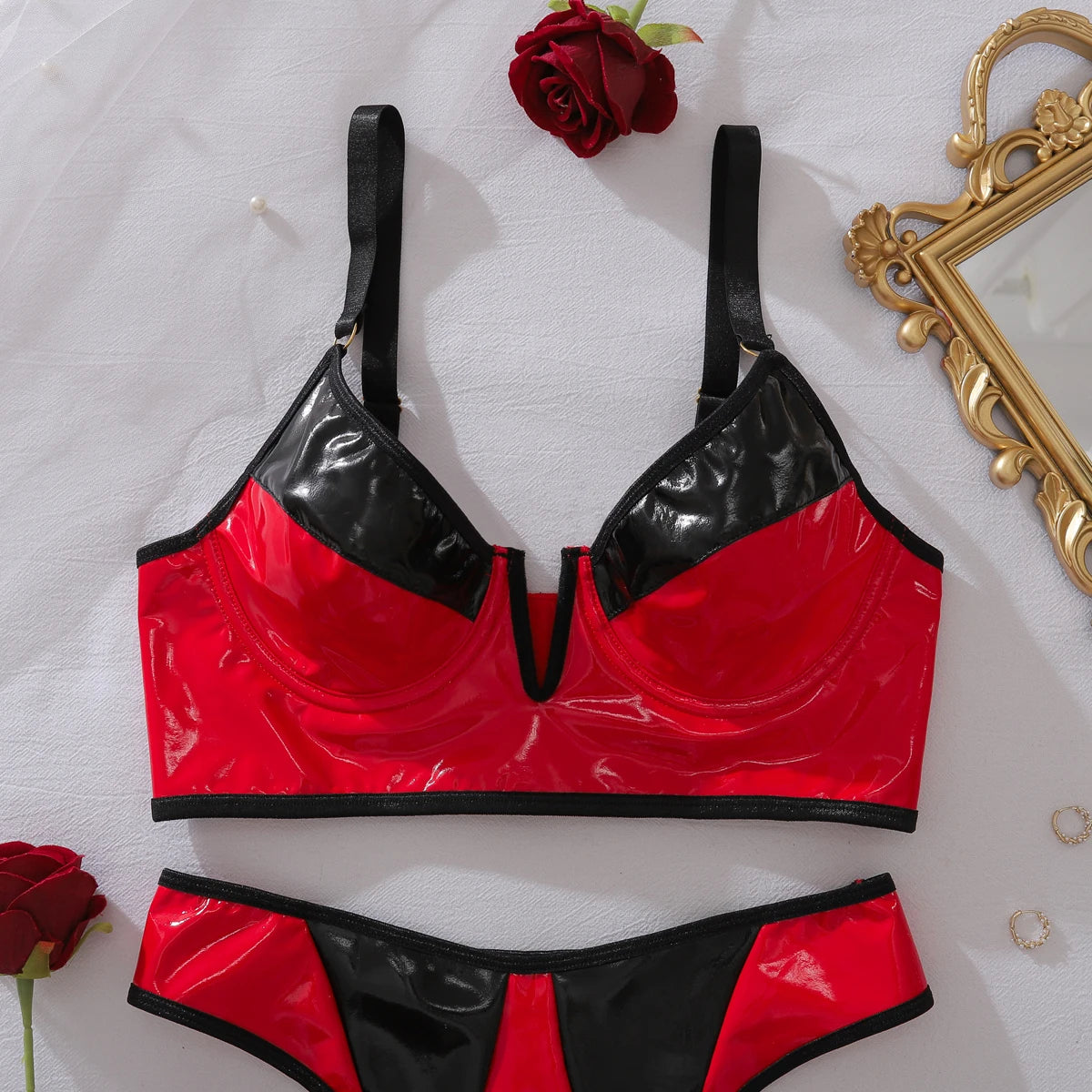 European and American spicy girl comfortable contrasting PU leather slim fit shaping sexy lingerie two-piece set