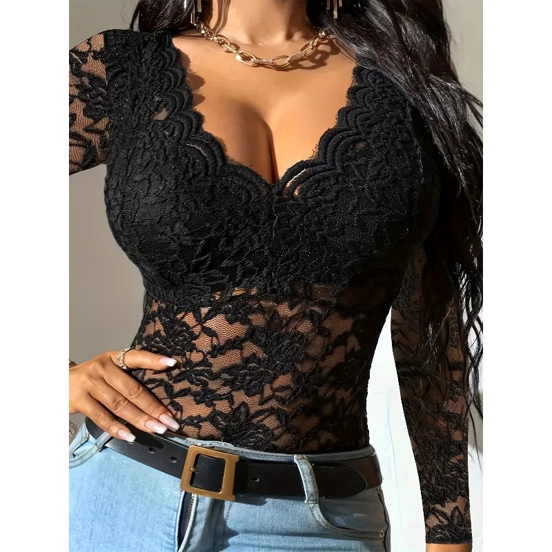 Women Lace V Neck Long Sleeve Sheer Mesh Floral Lace Top Slim Fit See Through Bodycon Jumpsuit for Party Clubwear Daily Wear
