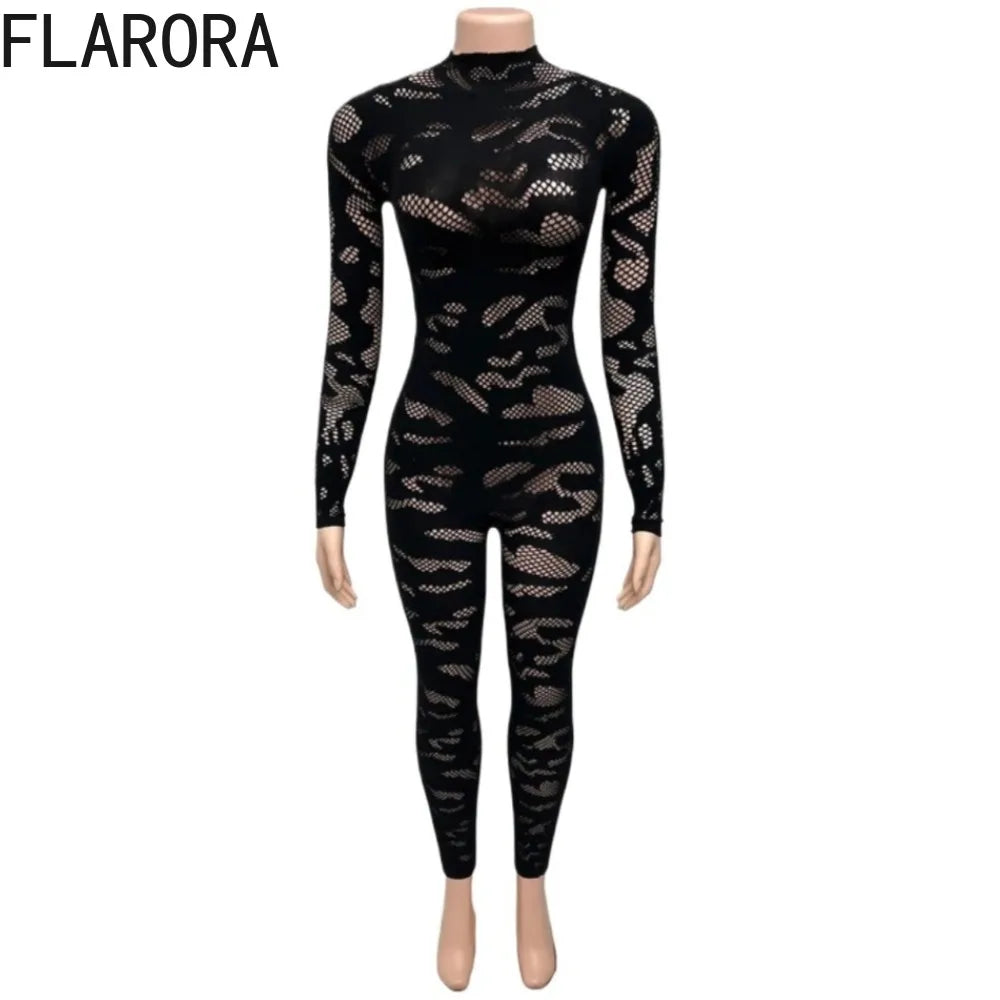 FLARORA Sexy Lace See Through Patchwork Jumpsuits Woman Round Neck Full Sleeve Bodycon Peach Hip Hottie Stretch Street Clubwear