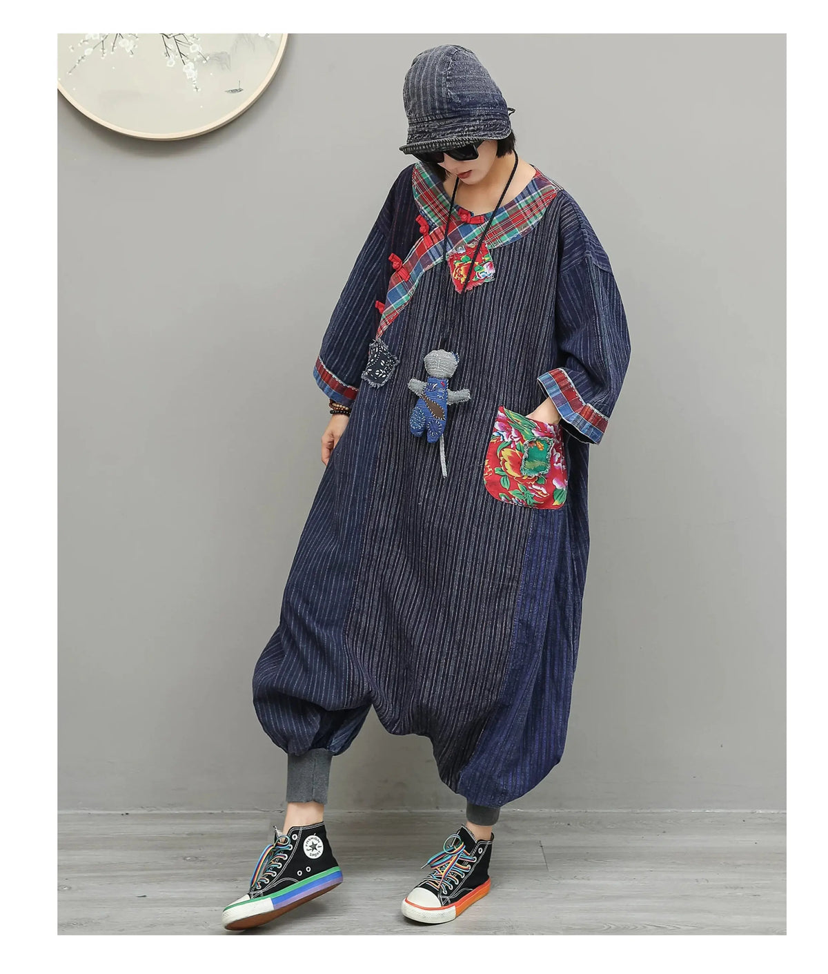 Unique Stylish Patchwork Jumpsuit Women Chinese-style Diagonal Button Long Sleeves Overalls Loose Fit LX6834