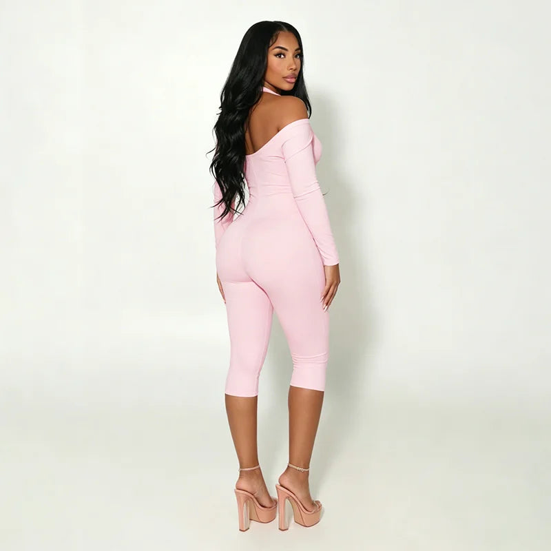 Sexy hot girl hanging neck, exposed back, slim fit, slimming jumpsuit, cropped pants
