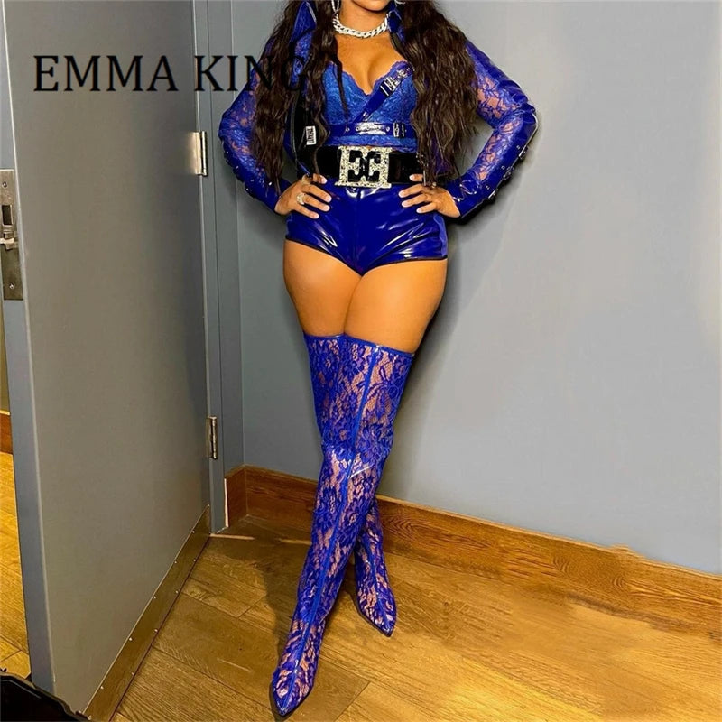 Spring Women Lace With PVC Thigh High Boots Sexy Pointed Toe Stiletto High Heels Transparent Over The Knee Boots Bigger Size 44